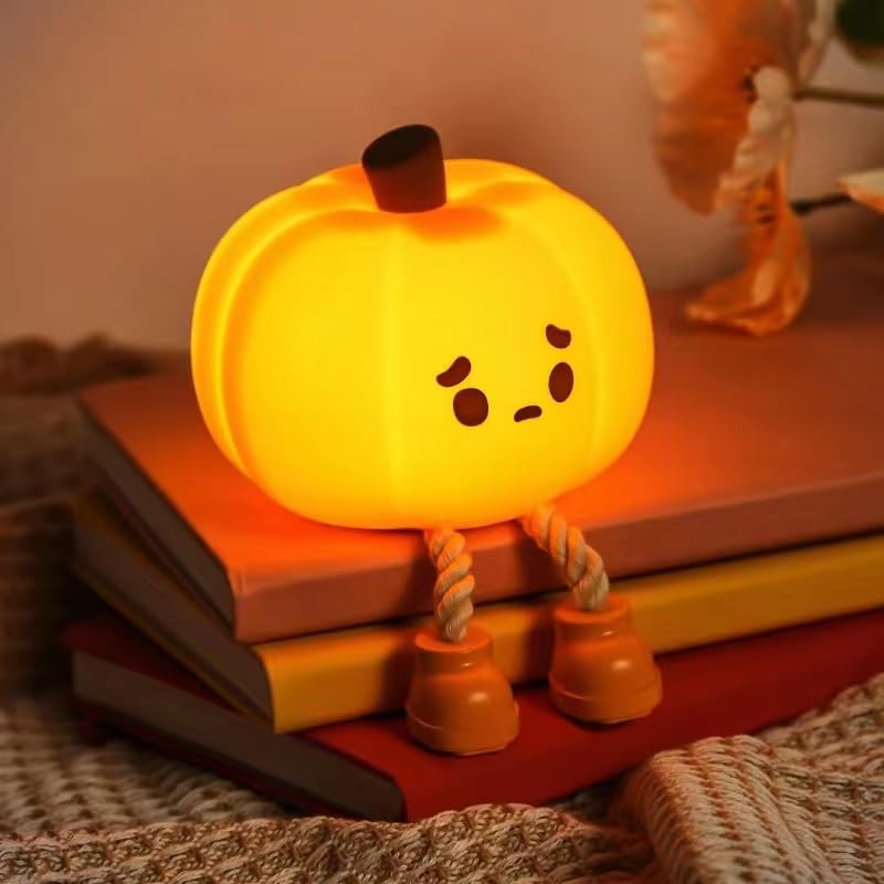 Pumpkin Night Light, Cute LED Lamp, Silicone Dimmable Nursery Nightlight for Kids, Silicone Rechargeable Bedside Touch Lam...