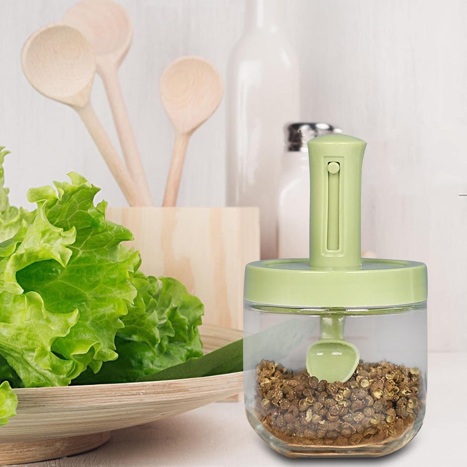 Glass Spice Storage Jar with Spoon And Sealing Lid for Chili Flakes, Garlic Powder (Pack Of 1)