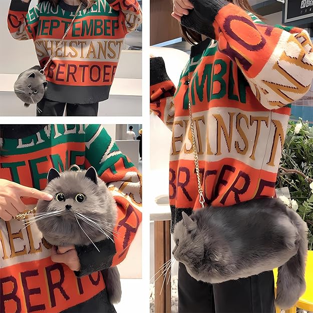 Realistic Puffy Plush Cat Shaped Crossbody Handbag for Women